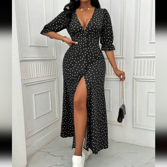 Polka Dot Print Short Sleeve Split Thigh Midi Dress - Picture 1 of 5
